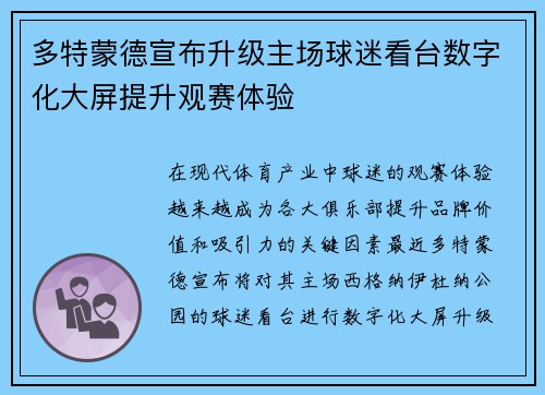 多特蒙德宣布升级主场球迷看台数字化大屏提升观赛体验