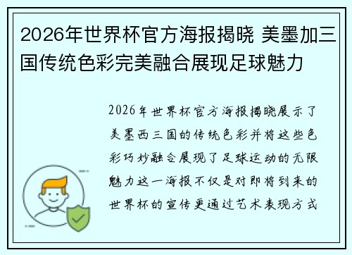 2026年世界杯官方海报揭晓 美墨加三国传统色彩完美融合展现足球魅力